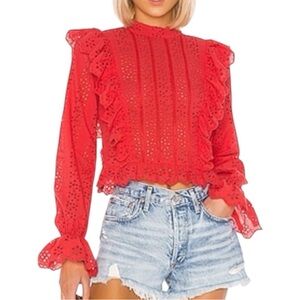 ♥️ TULAROSA top El segundo berry red eyelet cropped cotton Lace Ruffle Blouse M